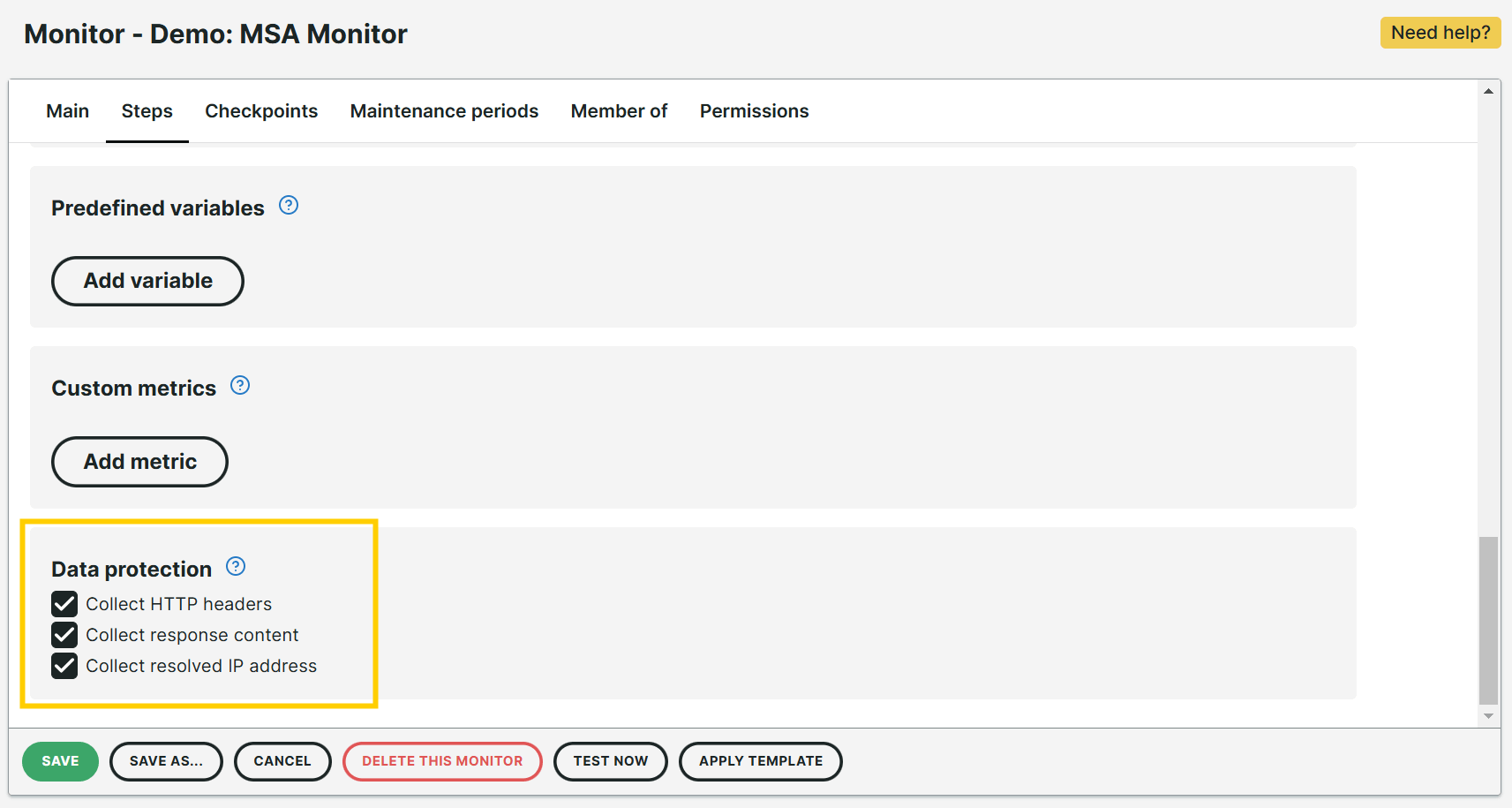 Case à cocher Protection des données dans le moniteur d’API multi-étapes