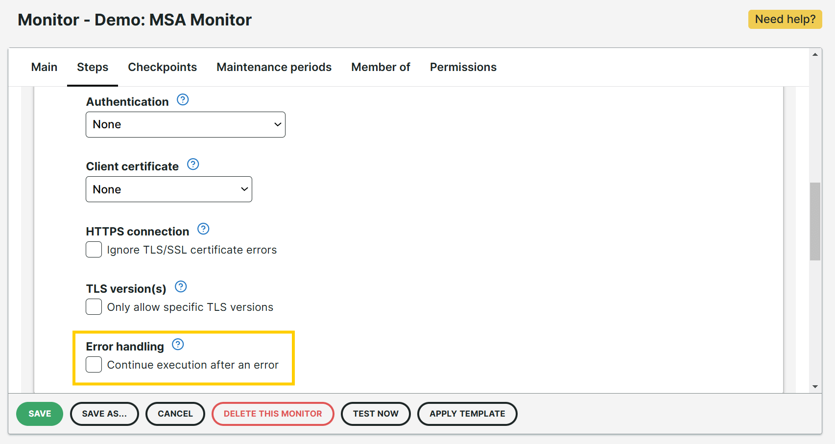 Case à cocher Gestion des erreurs dans le moniteur d’API multi-étapes