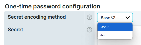 Capture d’écran du champ Méthode de codage du secret
