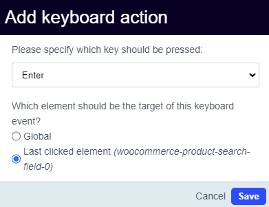 Capture d’écran de la fenêtre contextuelle permettant d’ajouter une action de clavier