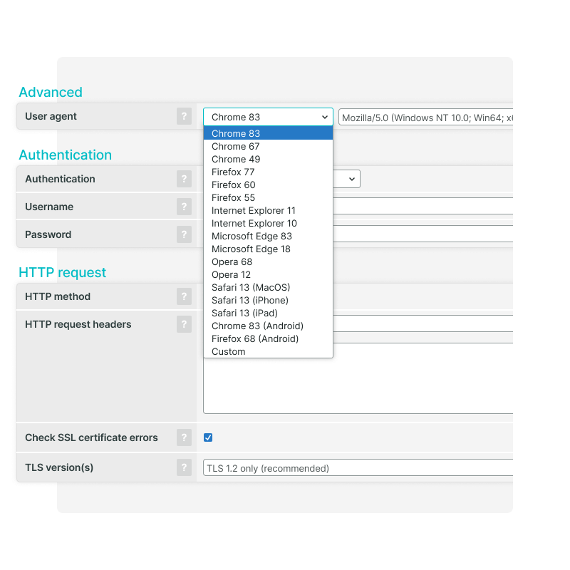 Sélection des agents utilisateurs et du certificat SSL